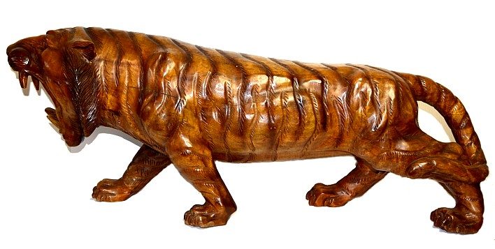 РЫЧАЩИЙ ТИГР, японская антикварная скульптура из дерева